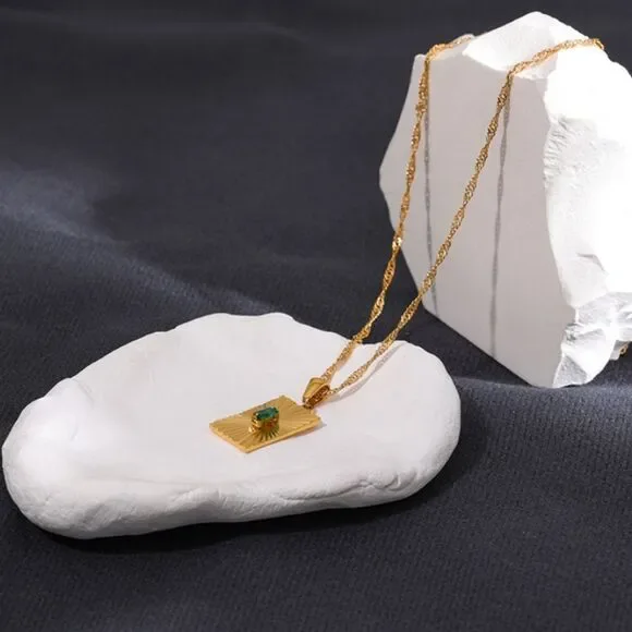 Emerald Green Cubic Zirconia 18K Gold Plated Stainless Steel Pendant Necklace - Picture 13 of 15